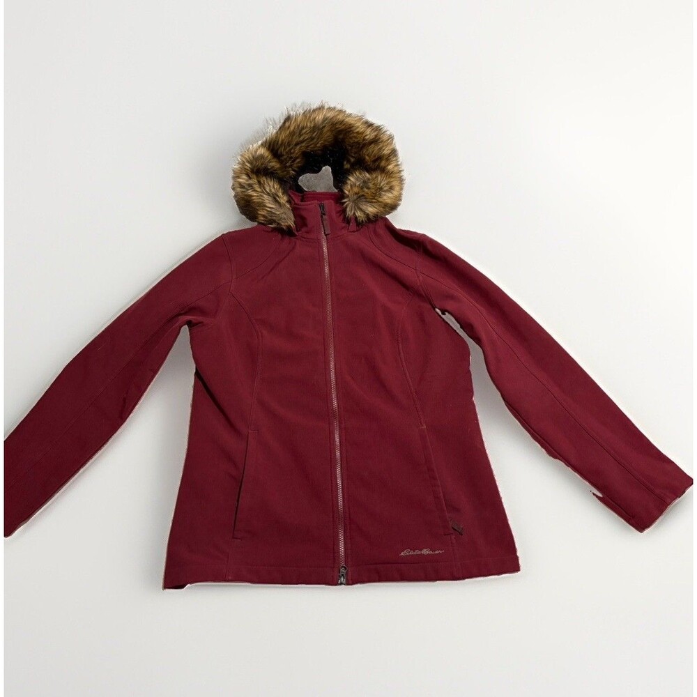 Eddie Bauer Softshell Jacket Hood Faux Fur Trim Womens Large Winter Burgundy Red